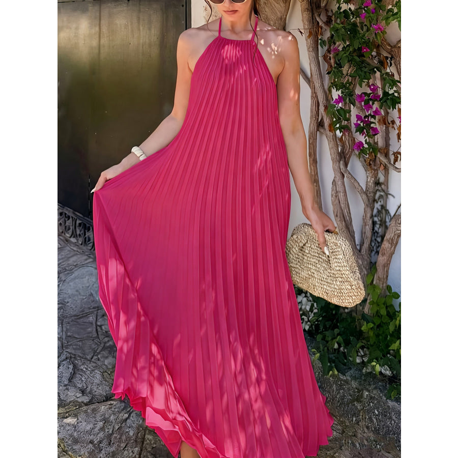 Halter Neck Pleated Maxi Dress Fuchsia Pink / S Apparel and Accessories