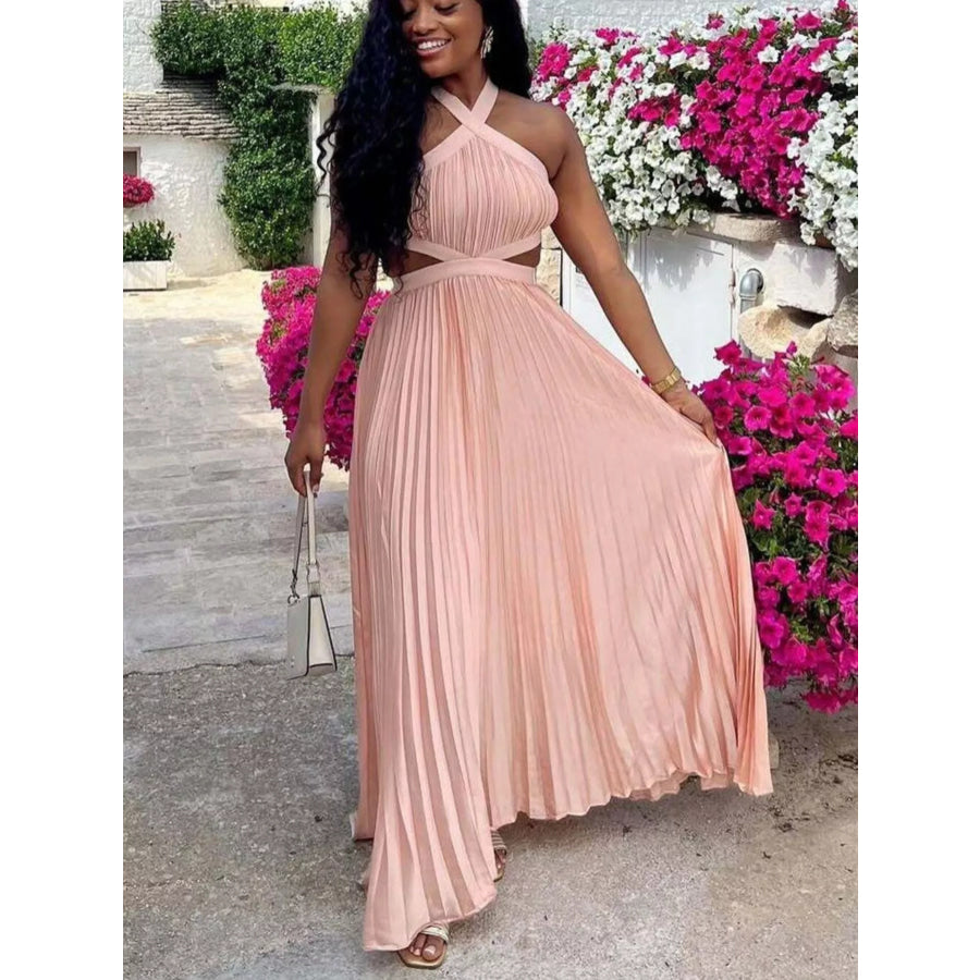 Halter Neck Pleated Maxi Dress Watermelon pink / S Apparel and Accessories