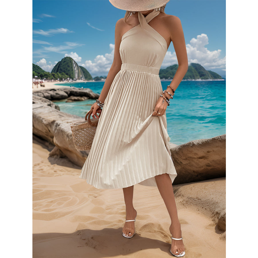 Halter Neck Pleated Midi Dress Apparel and Accessories