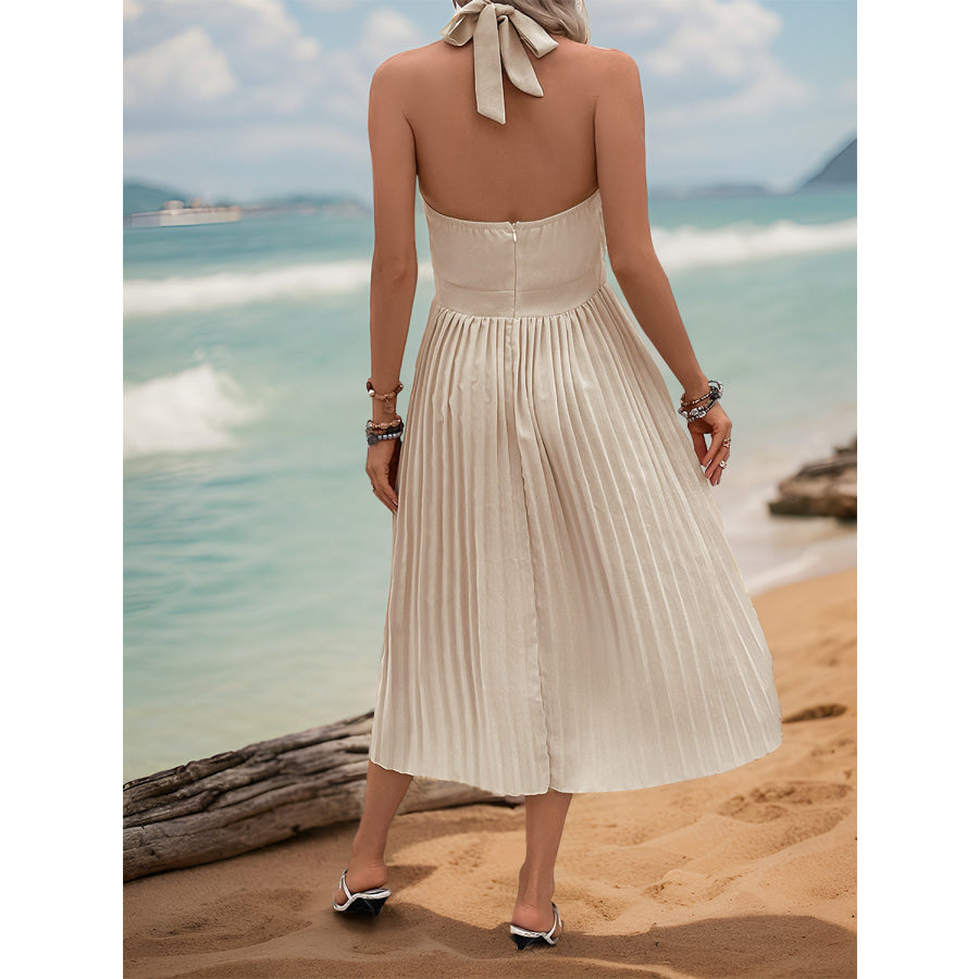 Halter Neck Pleated Midi Dress Tan / M Apparel and Accessories