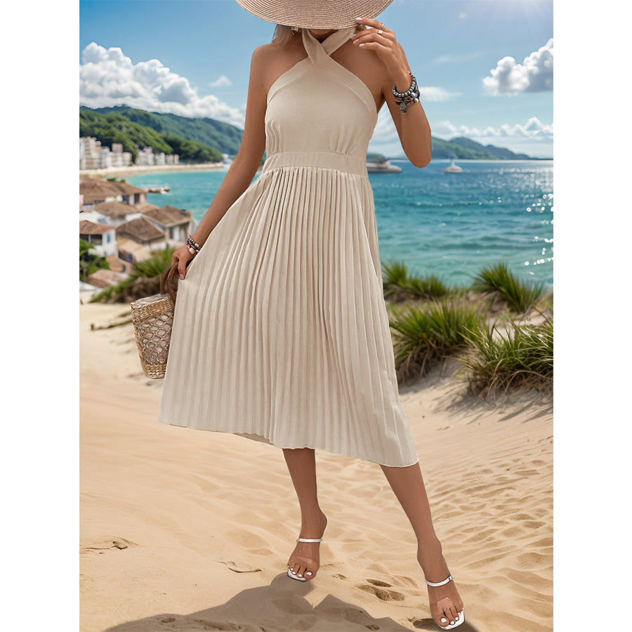 Halter Neck Pleated Midi Dress Apparel and Accessories