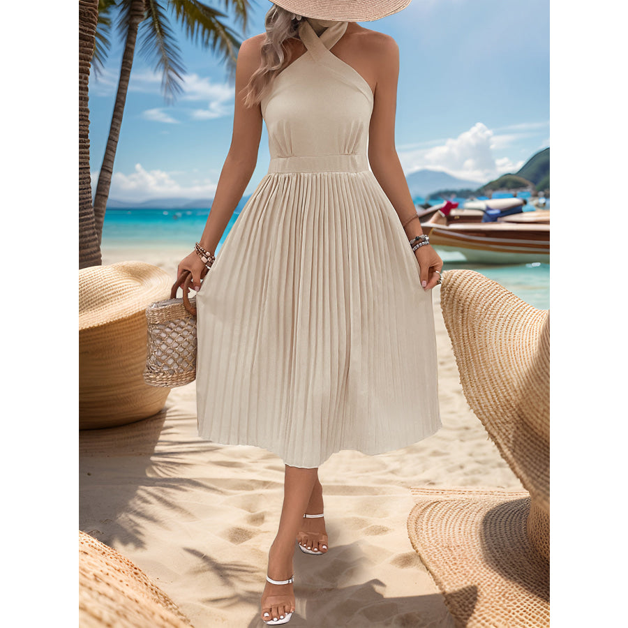 Halter Neck Pleated Midi Dress Tan / M Apparel and Accessories