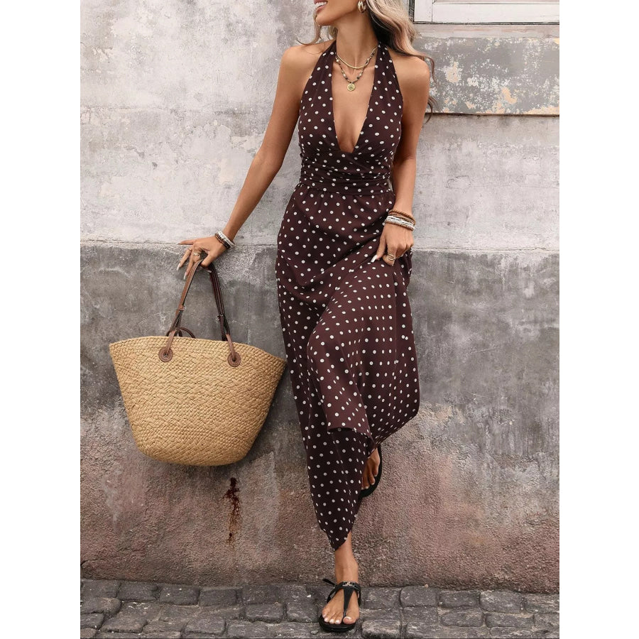 Halter Neck Polka Dot Maxi Dress Apparel and Accessories