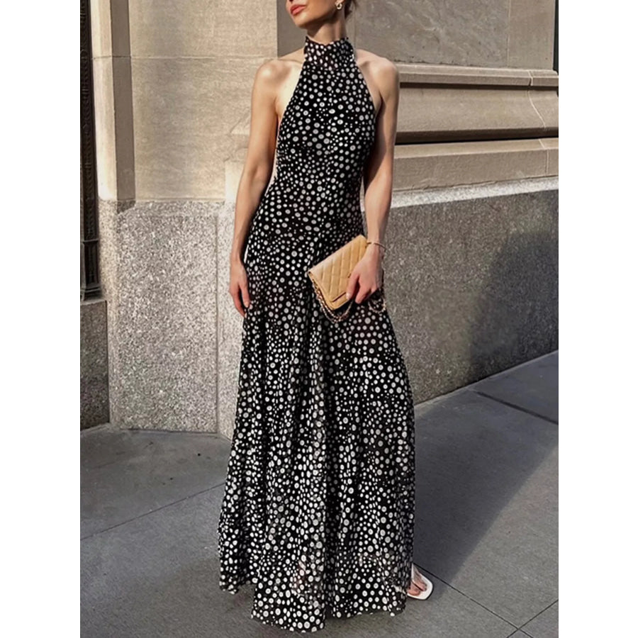 Halter Neck Polka Dot Maxi Dress Black / S Apparel and Accessories