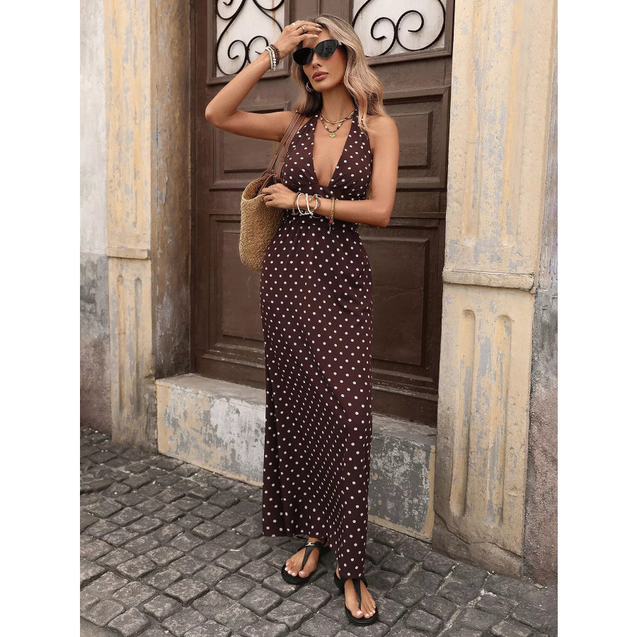 Halter Neck Polka Dot Maxi Dress Brown / S Apparel and Accessories