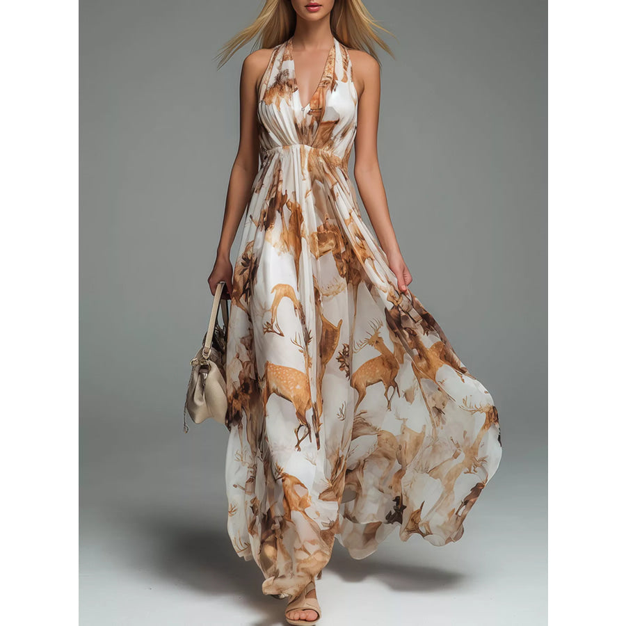 Halter Neck Printed Flowy Maxi Dress Caramel / S Apparel and Accessories