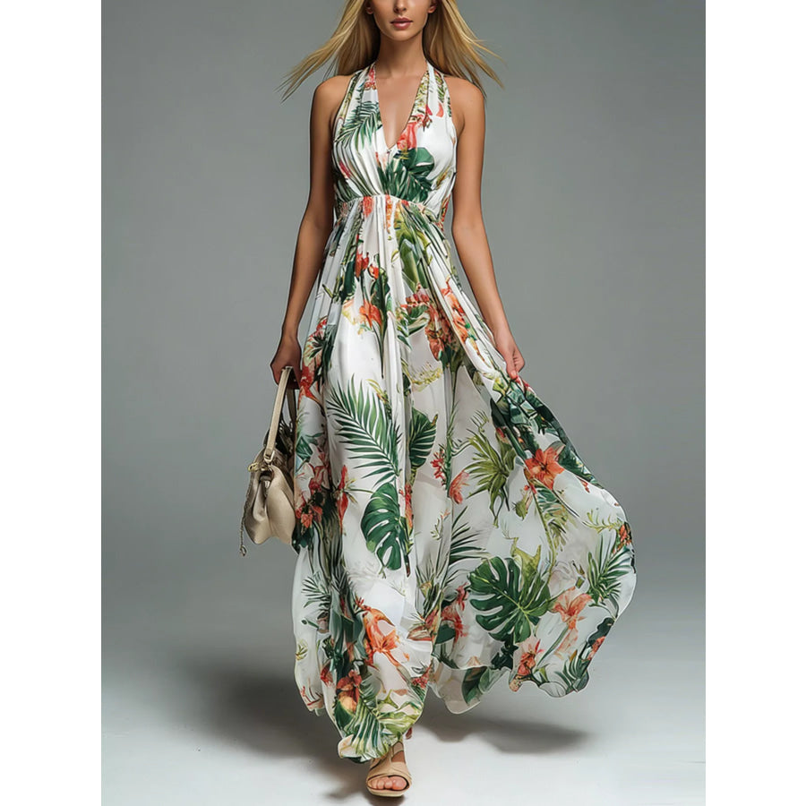 Halter Neck Printed Flowy Maxi Dress Green / S Apparel and Accessories
