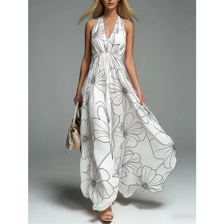 Halter Neck Printed Flowy Maxi Dress White / S Apparel and Accessories