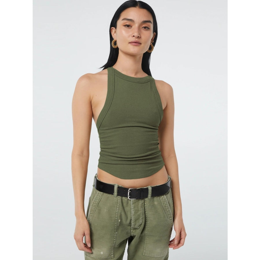 Halter Neck Ribbed Cropped Top Army Green / S