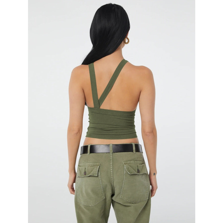 Halter Neck Ribbed Cropped Top Army Green / S