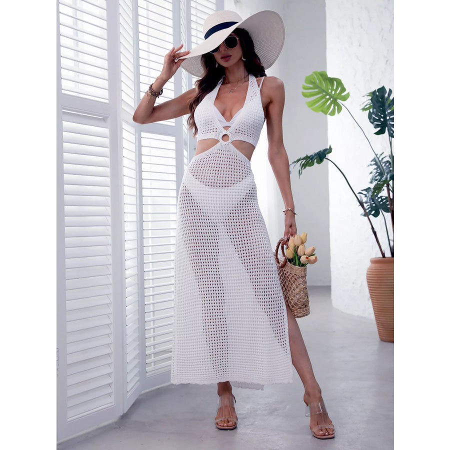 Halter Neck Ring Detail Crochet Cover-Up Dress Apparel and Accessories