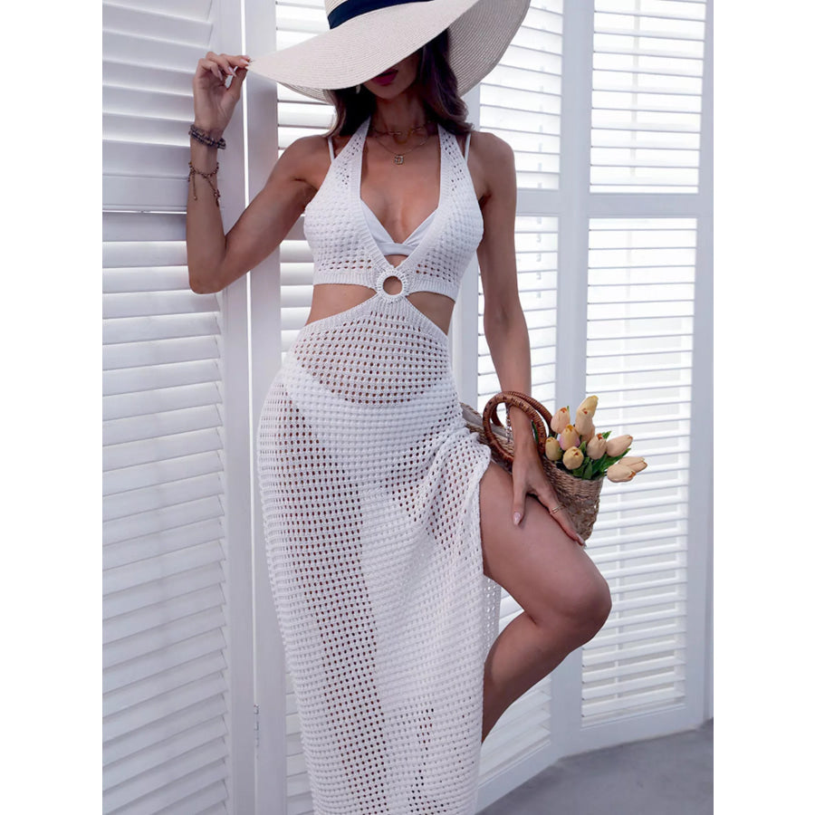 Halter Neck Ring Detail Crochet Cover-Up Dress Apparel and Accessories