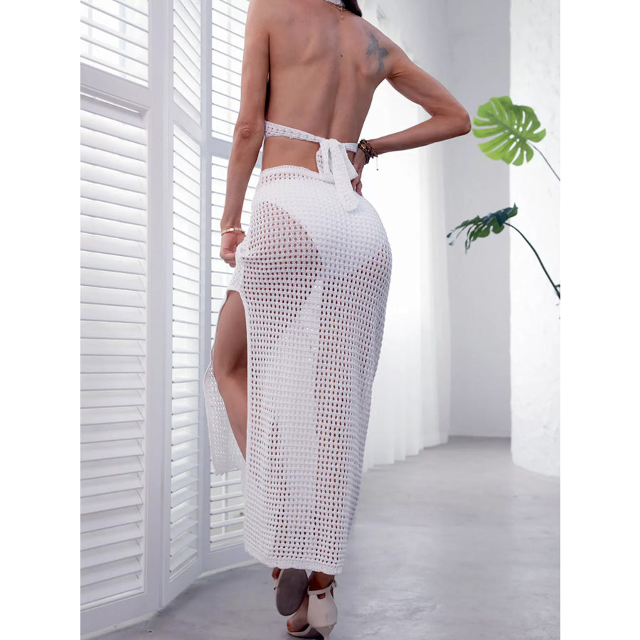 Halter Neck Ring Detail Crochet Cover-Up Dress Apparel and Accessories