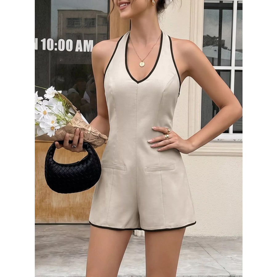Halter Neck Romper with Contrasting Trim Khaki / S Apparel and Accessories