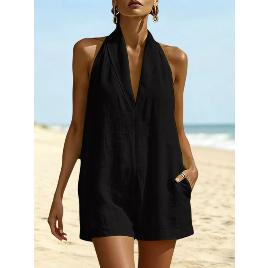 Halter Neck Romper with Pockets Black / S Apparel and Accessories