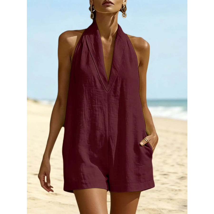 Halter Neck Romper with Pockets Burgundy / S Apparel and Accessories