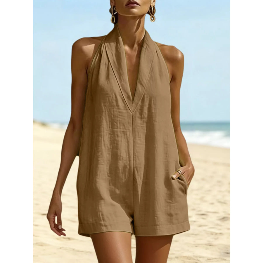 Halter Neck Romper with Pockets Khaki / S Apparel and Accessories