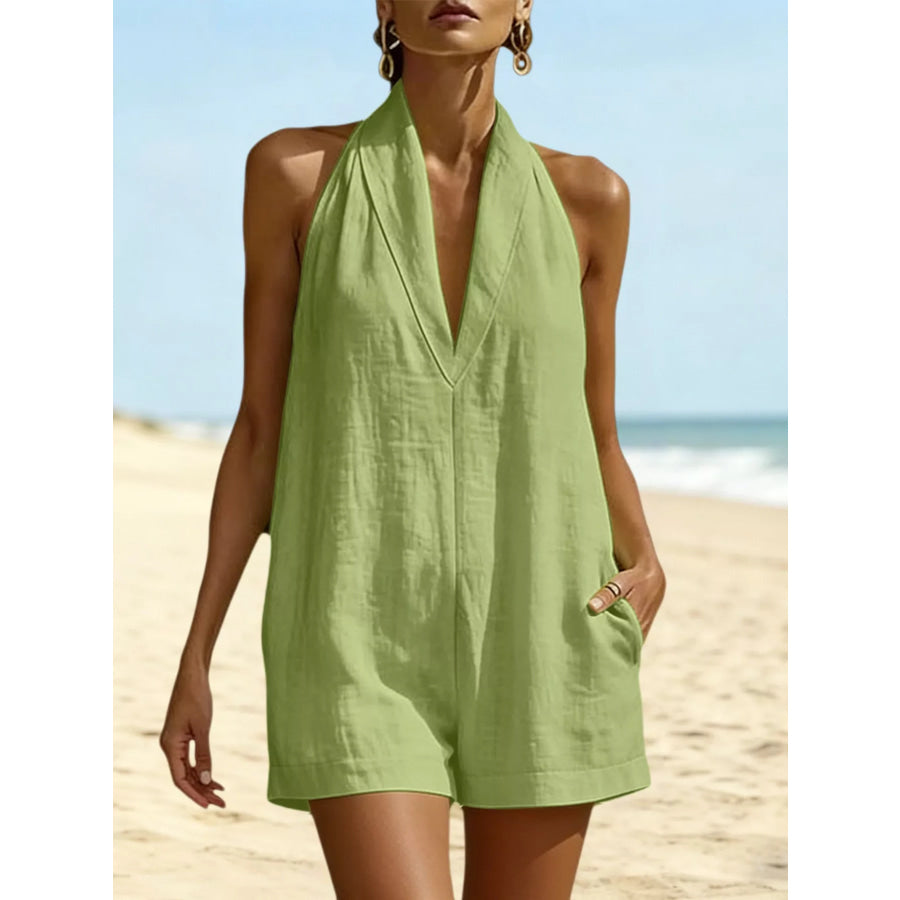 Halter Neck Romper with Pockets Light Green / S Apparel and Accessories