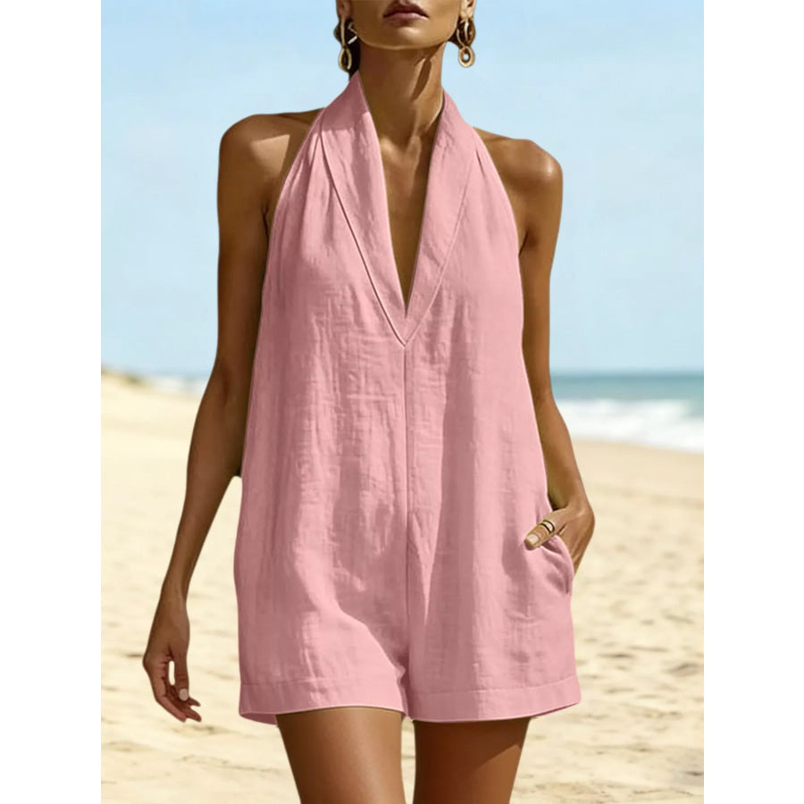 Halter Neck Romper with Pockets Pink / S Apparel and Accessories
