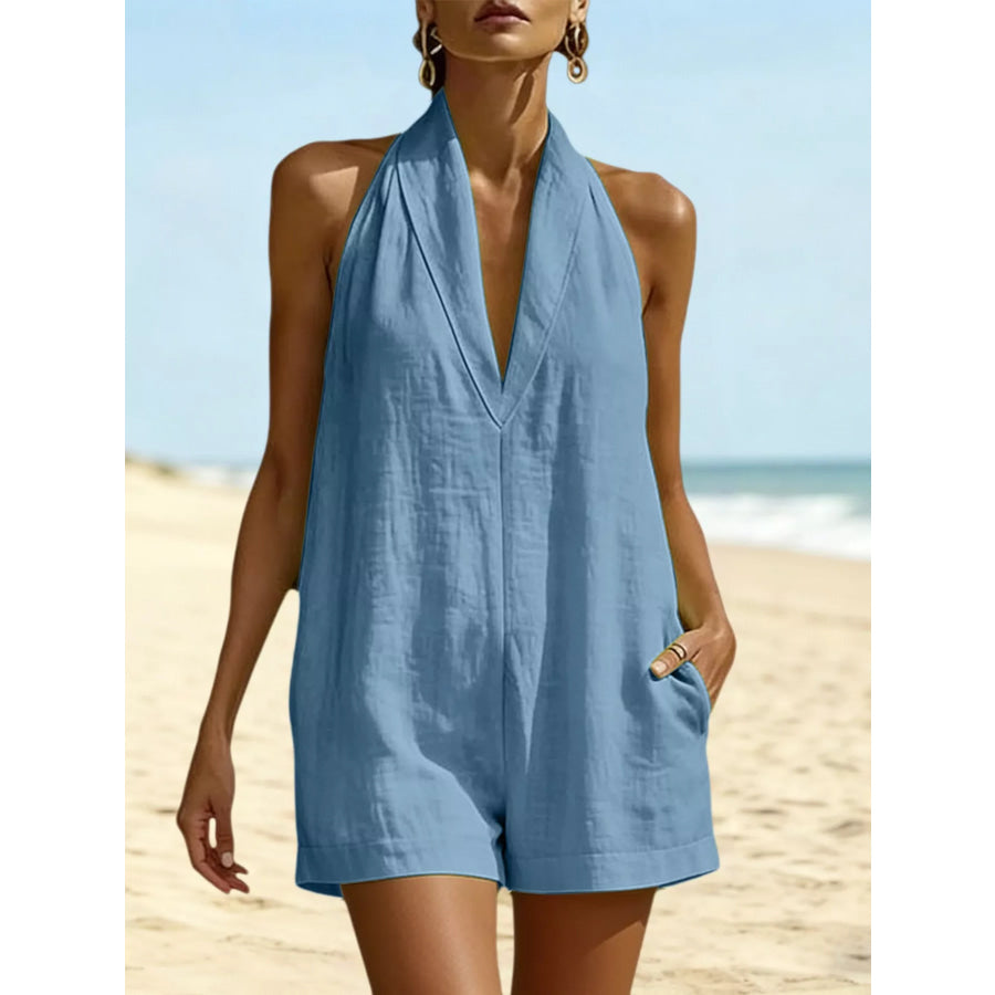 Halter Neck Romper with Pockets Sky Blue / S Apparel and Accessories