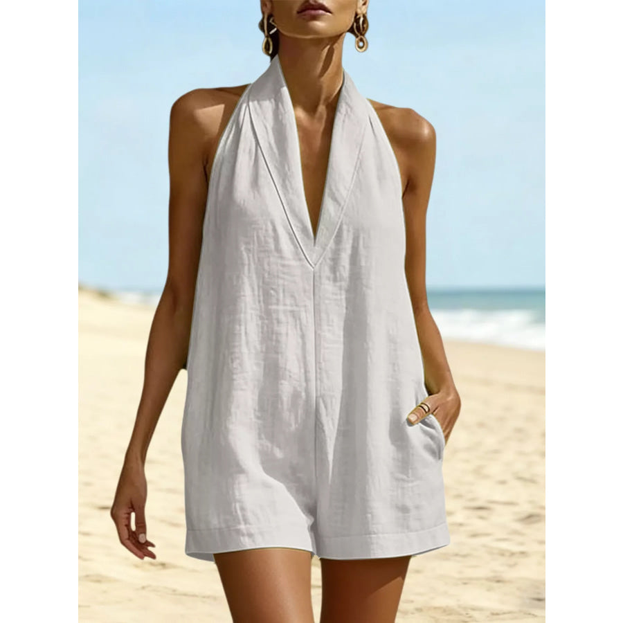 Halter Neck Romper with Pockets White / S Apparel and Accessories