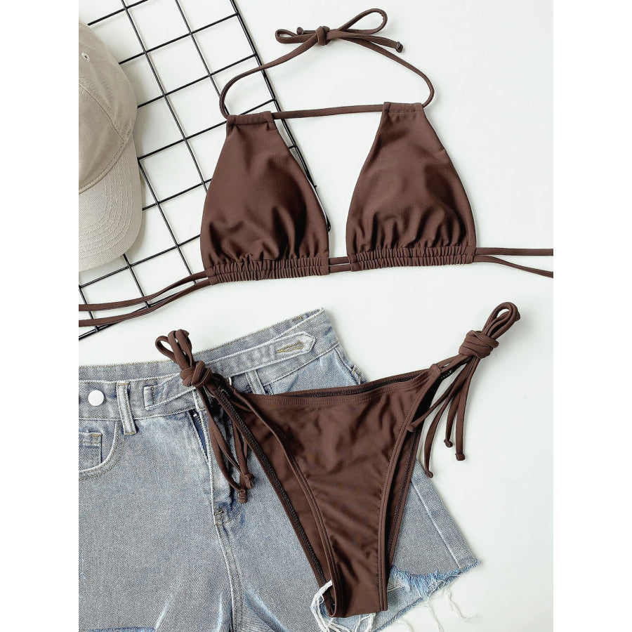 Halter Neck Ruched Bikini Set Chocolate / S Apparel and Accessories
