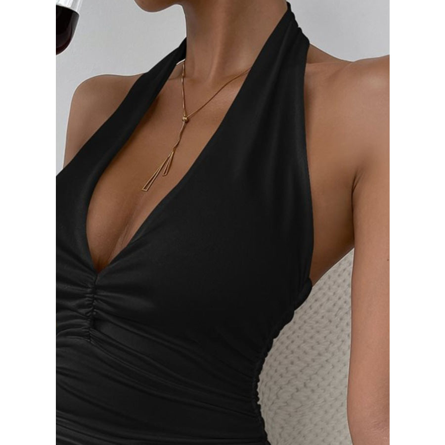 Halter Neck Ruched Bodycon Mini Dress Apparel and Accessories