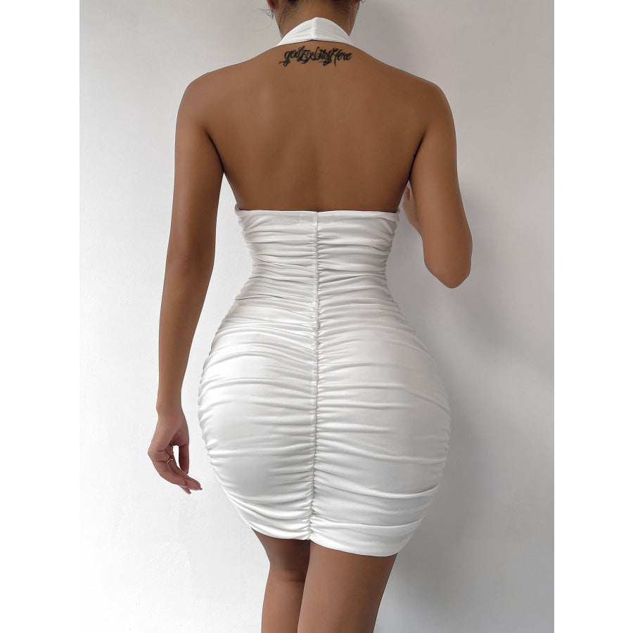 Halter Neck Ruched Bodycon Mini Dress Apparel and Accessories