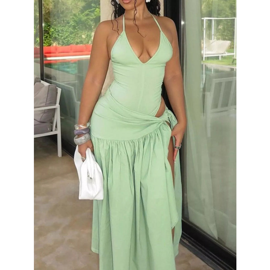 Halter Neck Ruched Bodysuit and Maxi Skirt Set Apparel and Accessories
