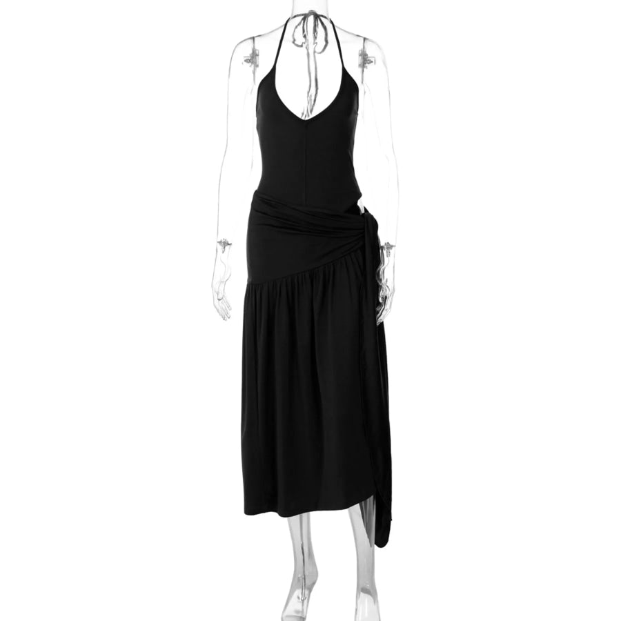 Halter Neck Ruched Bodysuit and Maxi Skirt Set Apparel Accessories