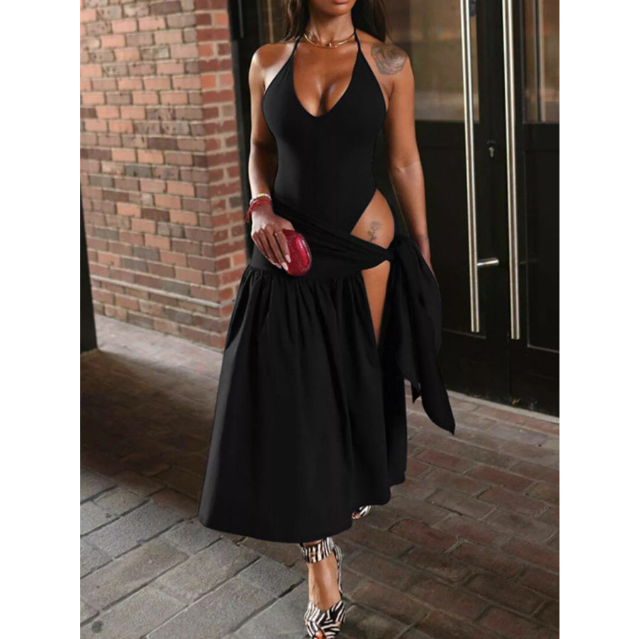 Halter Neck Ruched Bodysuit and Maxi Skirt Set Apparel and Accessories