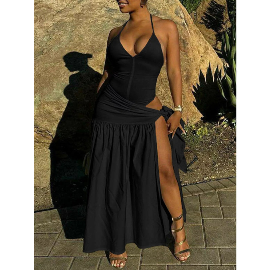 Halter Neck Ruched Bodysuit and Maxi Skirt Set Black / XS Apparel and Accessories