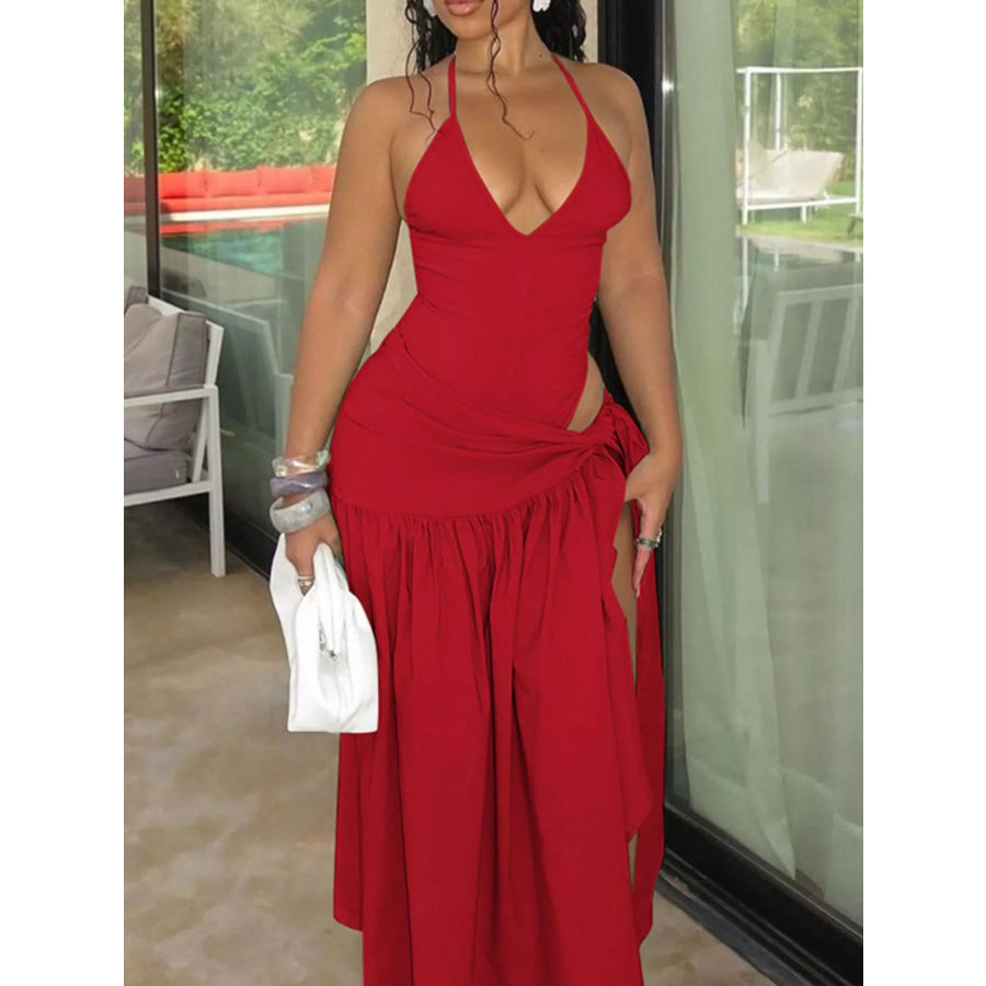 Halter Neck Ruched Bodysuit and Maxi Skirt Set Red / XS Apparel and Accessories