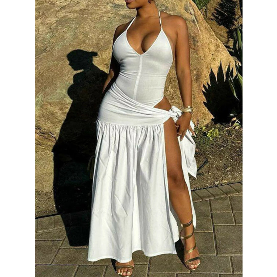 Halter Neck Ruched Bodysuit and Maxi Skirt Set White / XS Apparel and Accessories