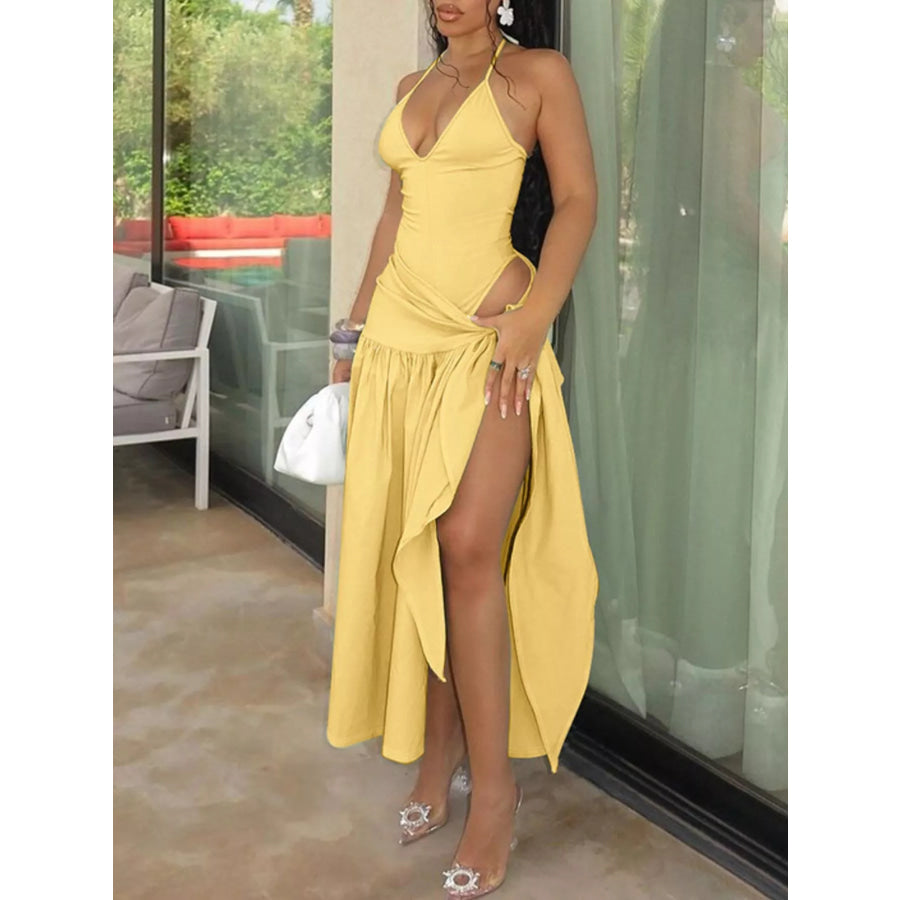 Halter Neck Ruched Bodysuit and Maxi Skirt Set Yellow / XS Apparel and Accessories