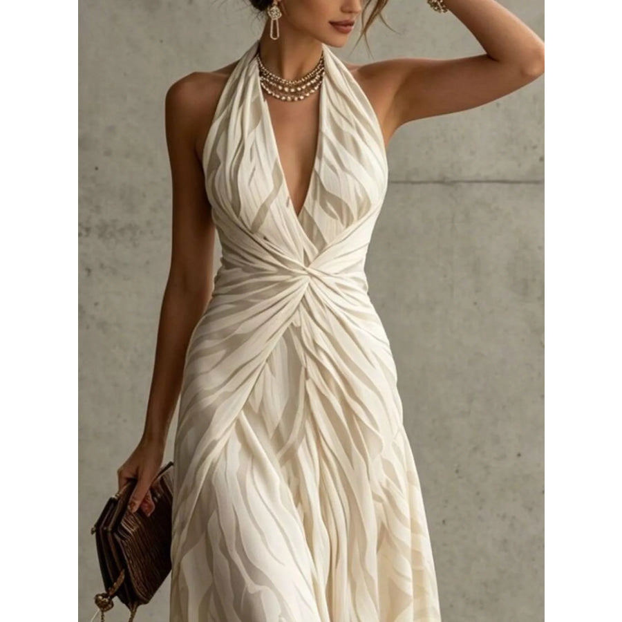 Halter Neck Ruched Maxi Dress Beige / S Apparel and Accessories
