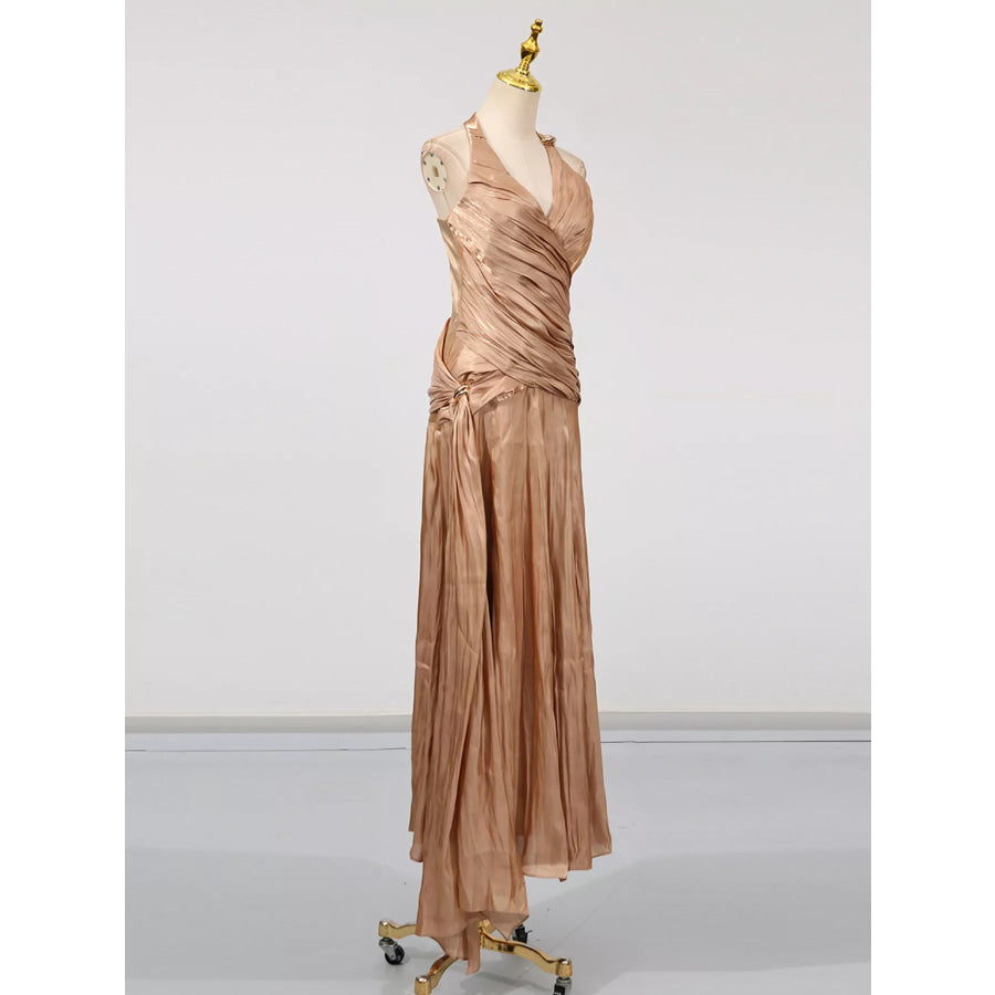 Halter Neck Ruched Maxi Dress Apparel and Accessories
