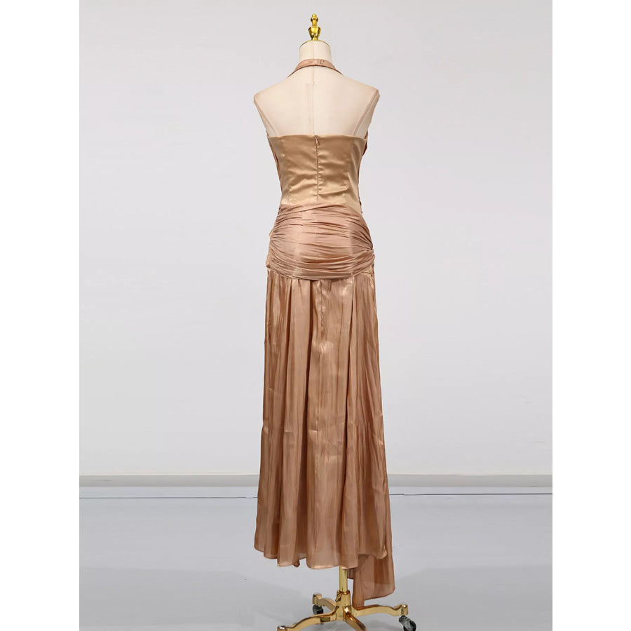 Halter Neck Ruched Maxi Dress Apparel and Accessories