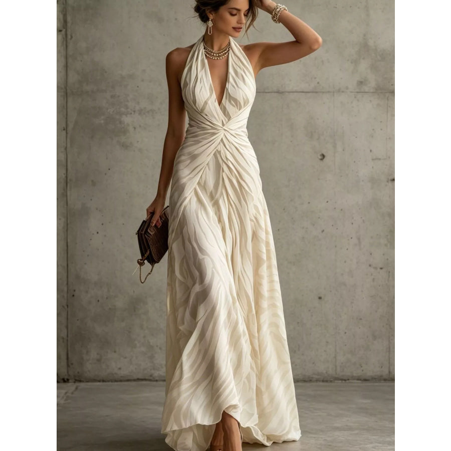 Halter Neck Ruched Maxi Dress Beige / S Apparel and Accessories