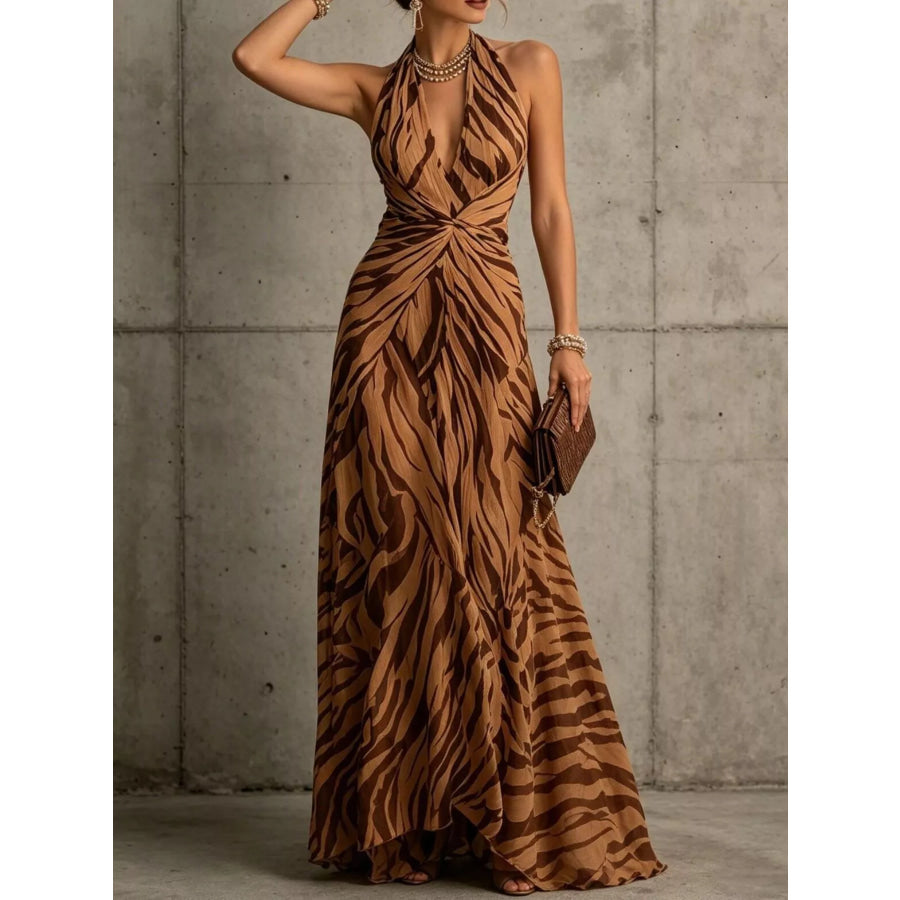 Halter Neck Ruched Maxi Dress Camel / S Apparel and Accessories