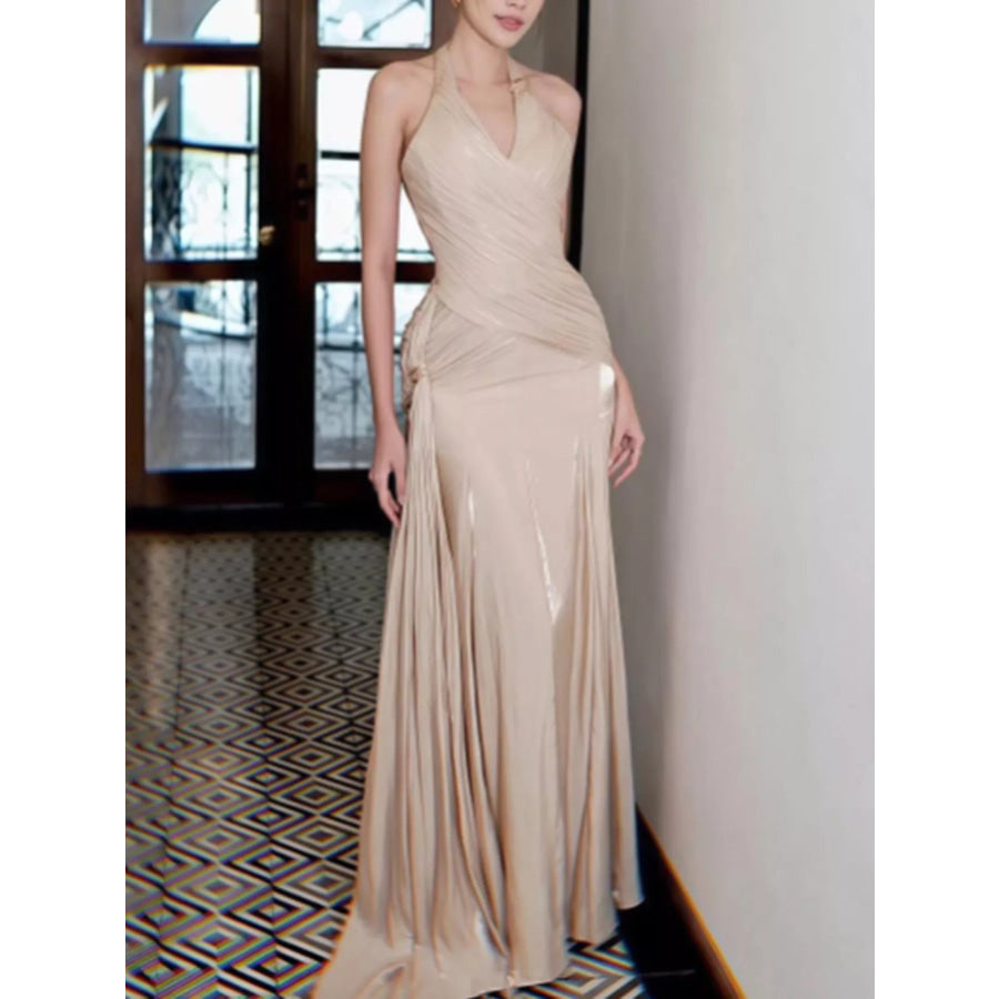 Halter Neck Ruched Maxi Dress Champagne / S Apparel and Accessories