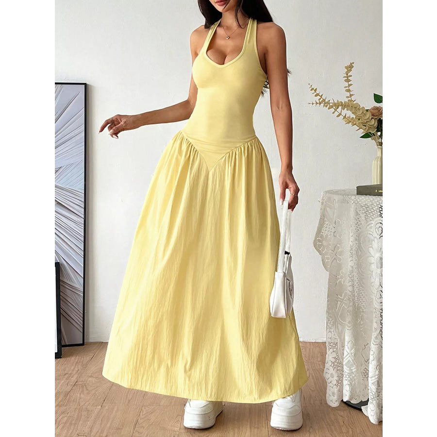Halter Neck Ruched Maxi Dress Yellow / S Apparel and Accessories