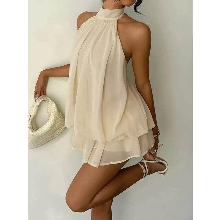 Halter Neck Ruched Mini Dress Apricot / XS Apparel and Accessories