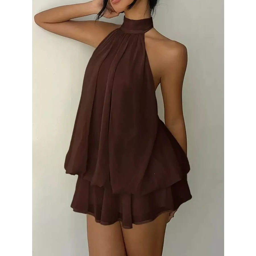 Halter Neck Ruched Mini Dress Brown / XS Apparel and Accessories