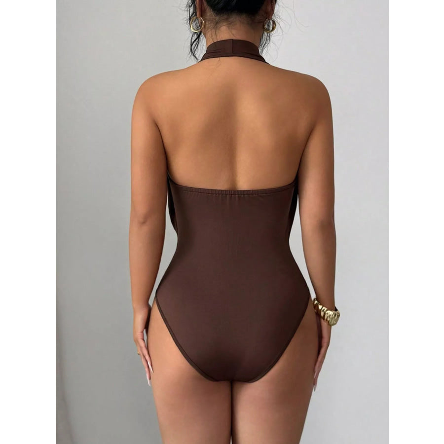 Halter Neck Ruched Ring Detail Bodysuit Apparel and Accessories