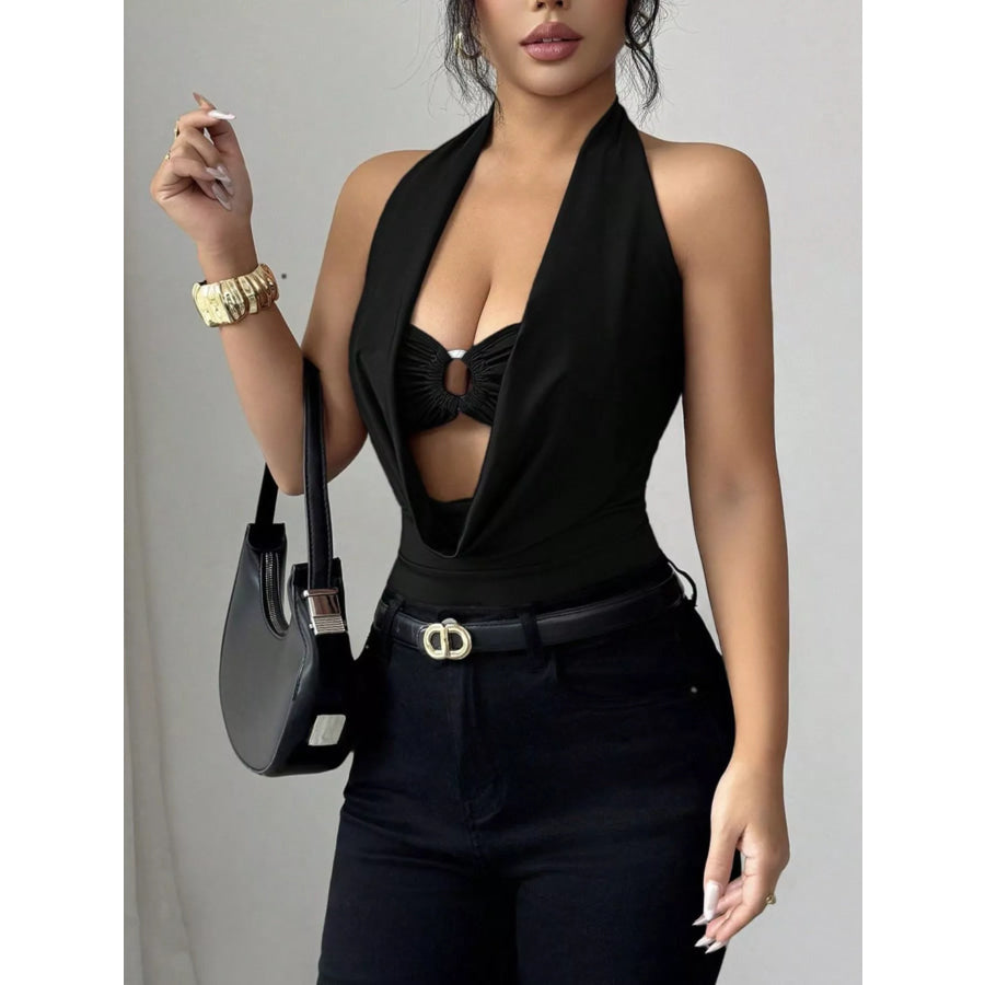 Halter Neck Ruched Ring Detail Bodysuit Apparel and Accessories