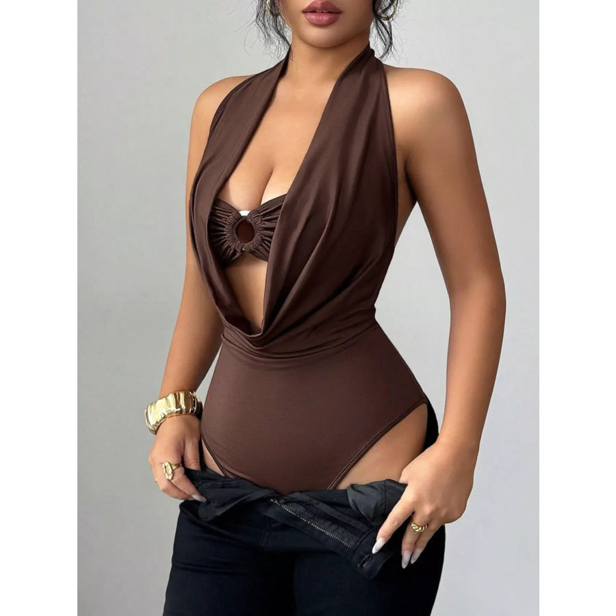 Halter Neck Ruched Ring Detail Bodysuit Apparel and Accessories