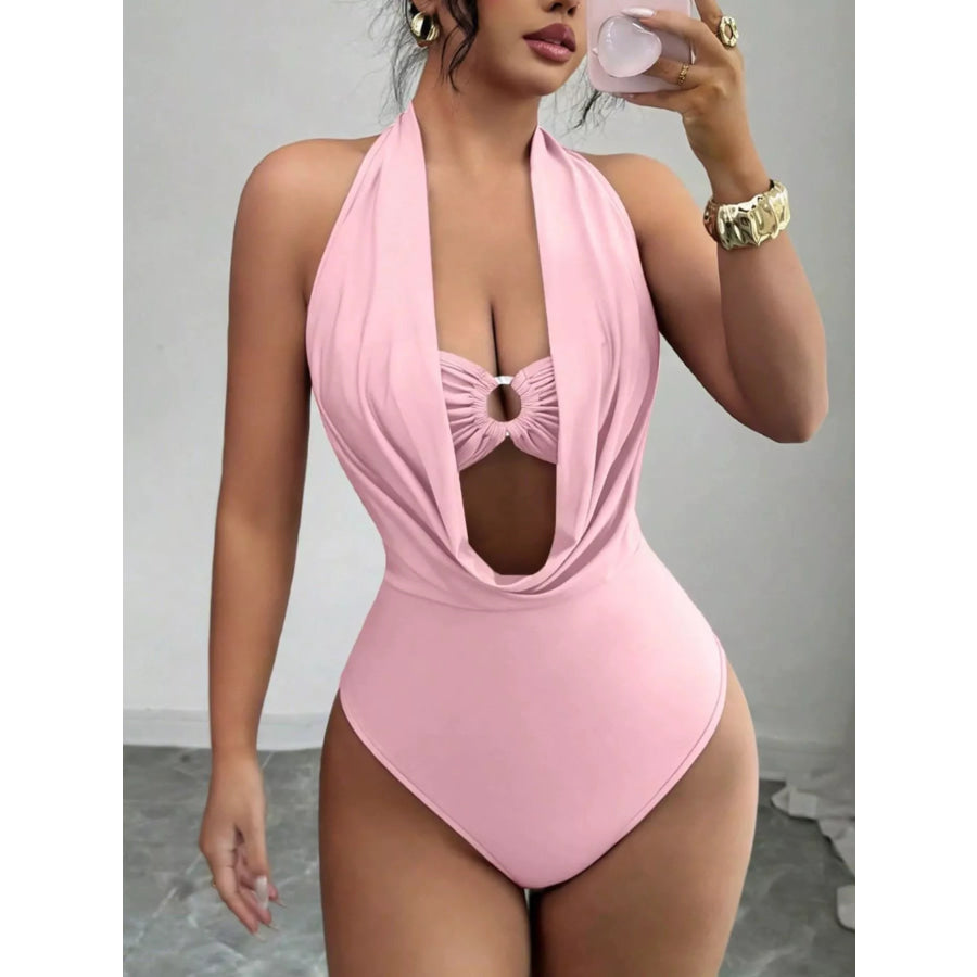 Halter Neck Ruched Ring Detail Bodysuit Apparel and Accessories