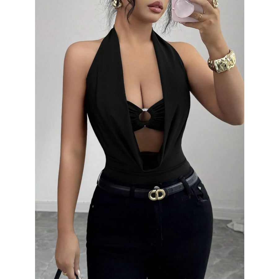 Halter Neck Ruched Ring Detail Bodysuit Apparel and Accessories