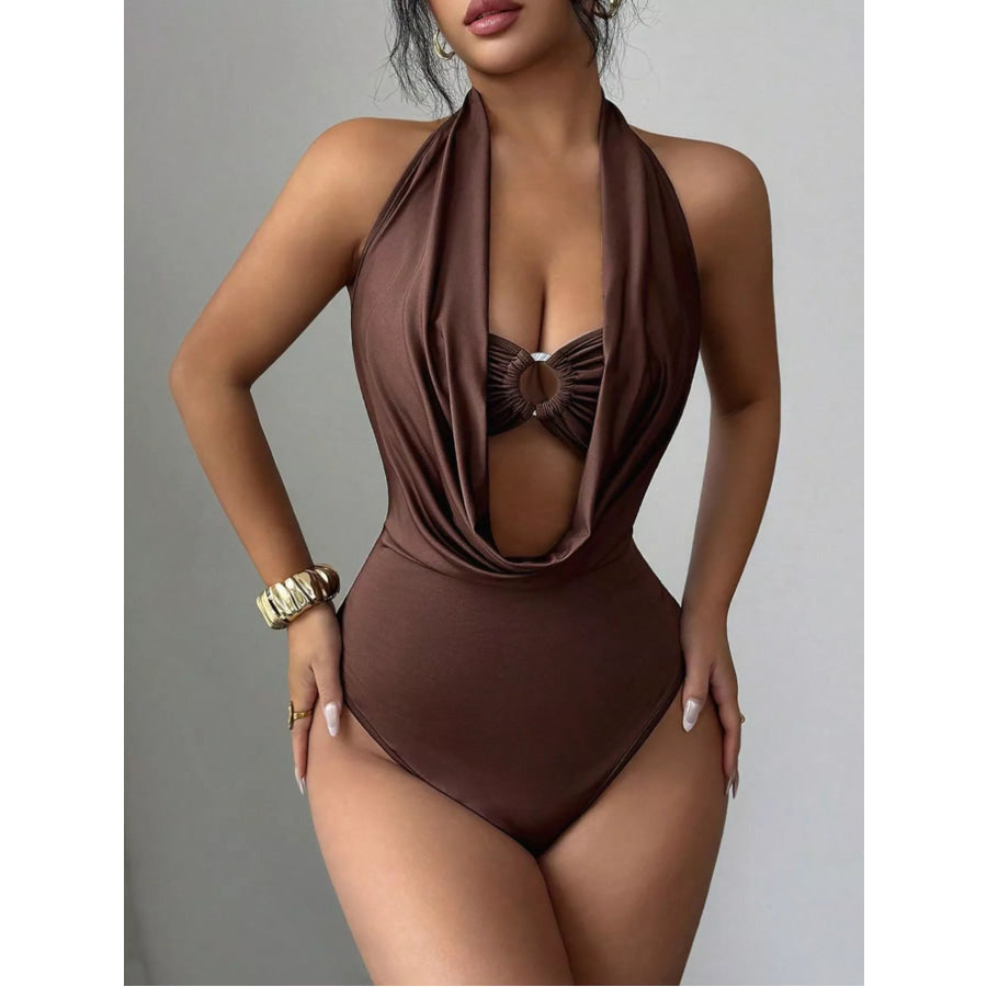Halter Neck Ruched Ring Detail Bodysuit Apparel and Accessories